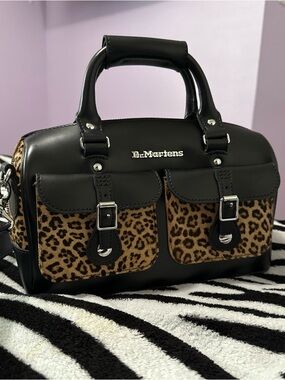 Dr. Martens Black Leather Satchel with Leopard Print Pockets